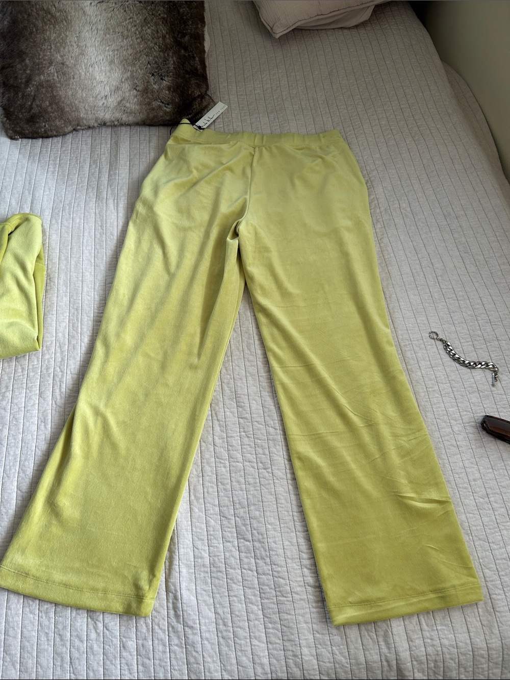 NWT Nicole miller chartreuse green Y2K velour wide leg tracksuit hoodie set L - Picture 13 of 14